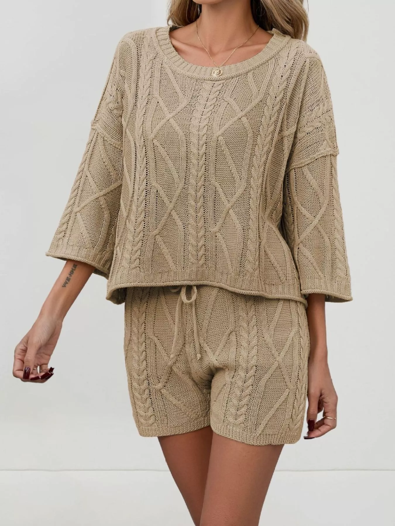 Cable Knit Round Neck Top and Shorts Sweater Set - Image 2