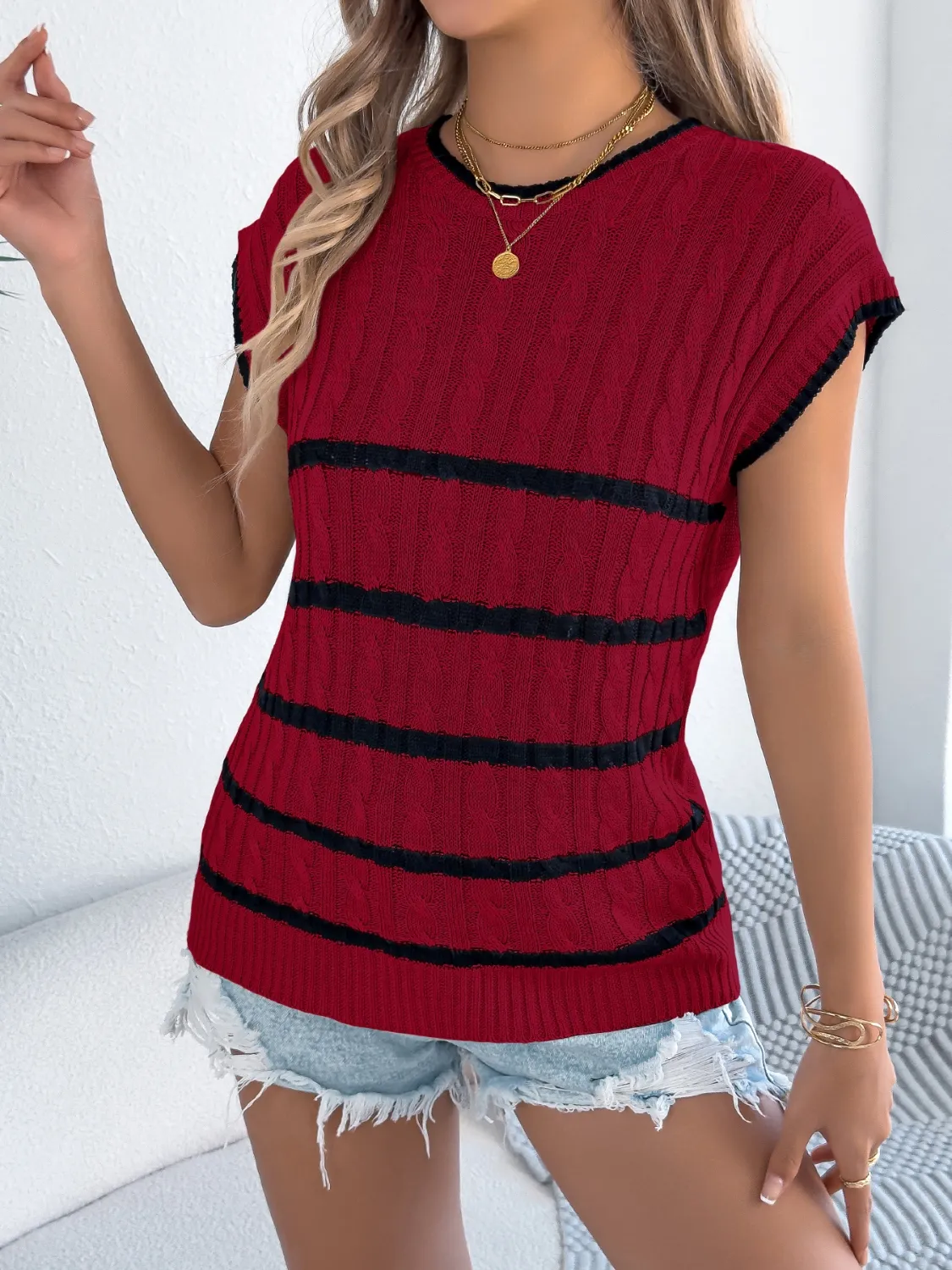 Cable-Knit Striped Round Neck Knit Top - Image 14