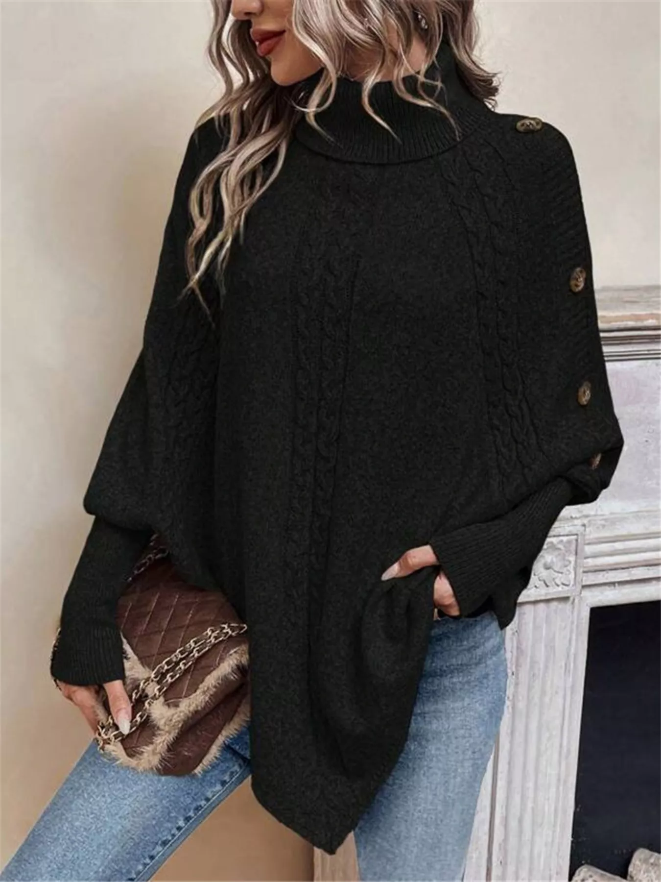 Cable Knit Turtleneck Cape Sweater - Image 15