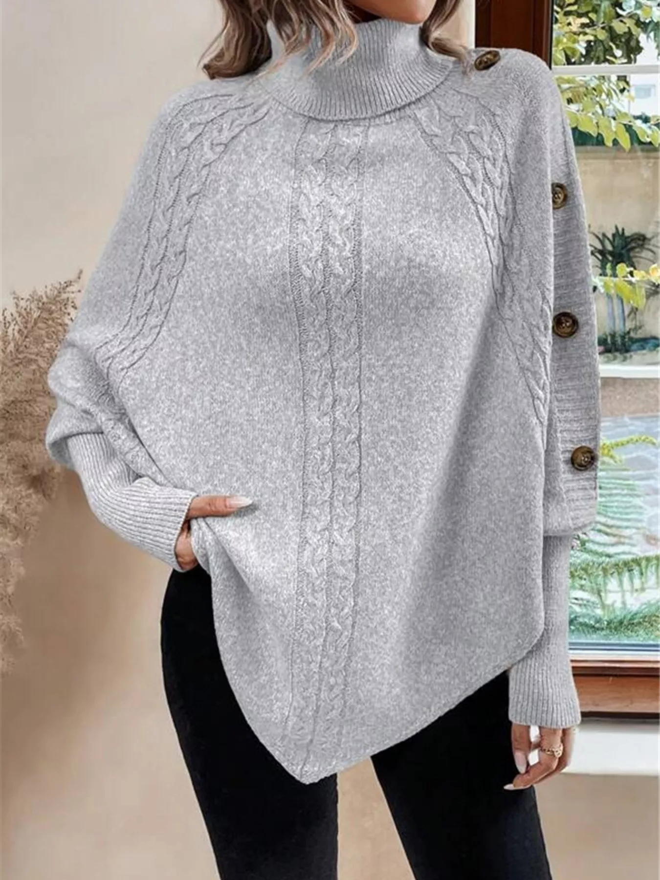 Cable Knit Turtleneck Cape Sweater - Image 19