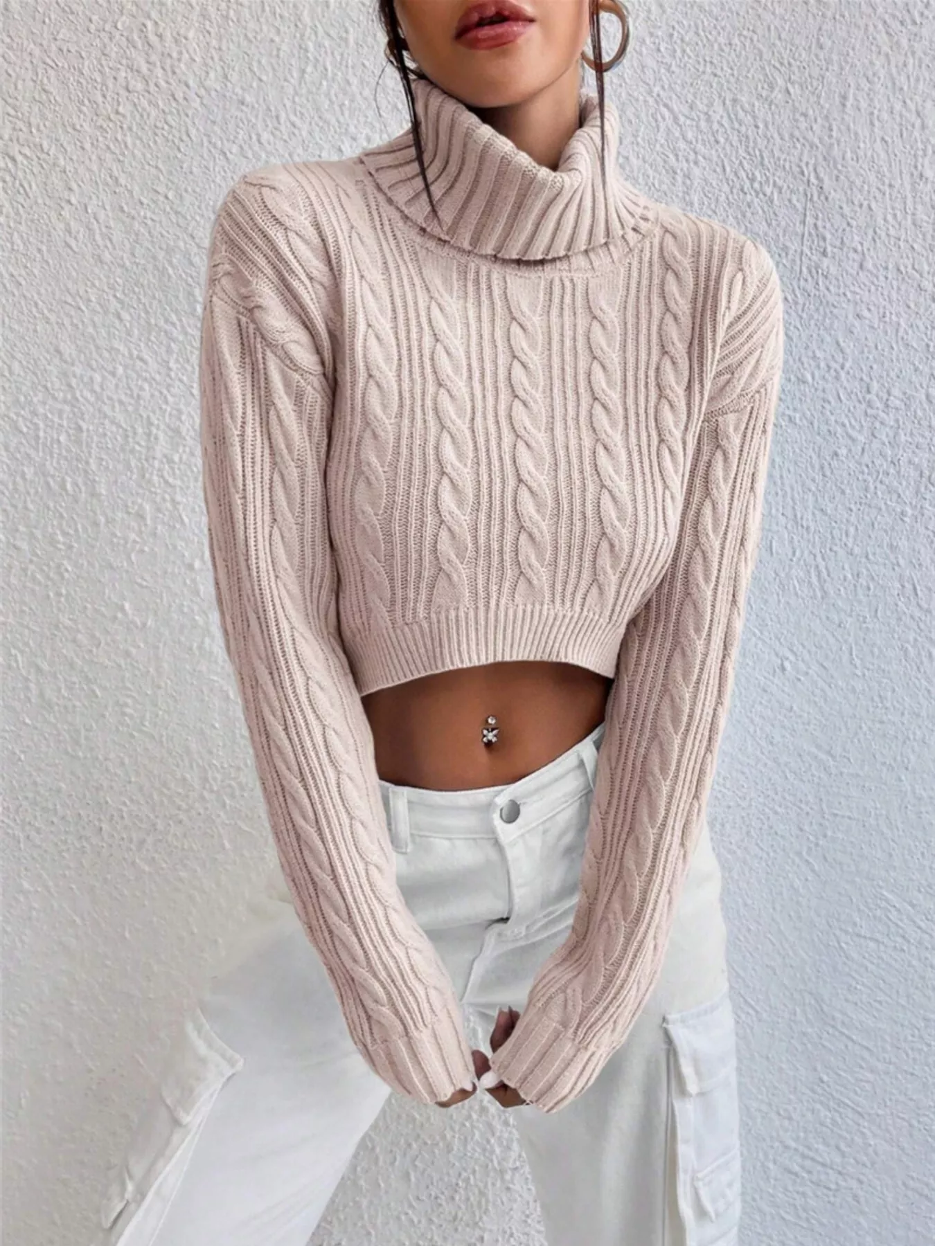 Cable-Knit Turtleneck Long Sleeve Sweater - Image 13