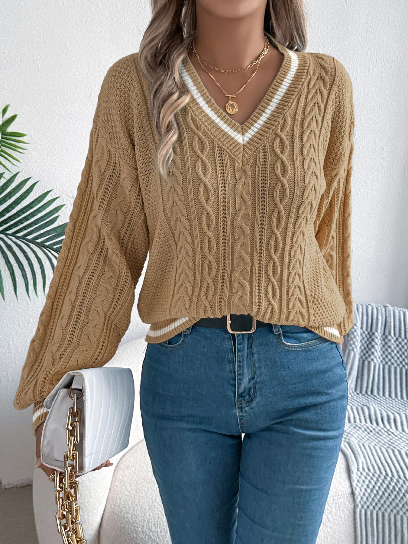 Cable Knit V-Neck Long Sleeve Sweater - Image 12