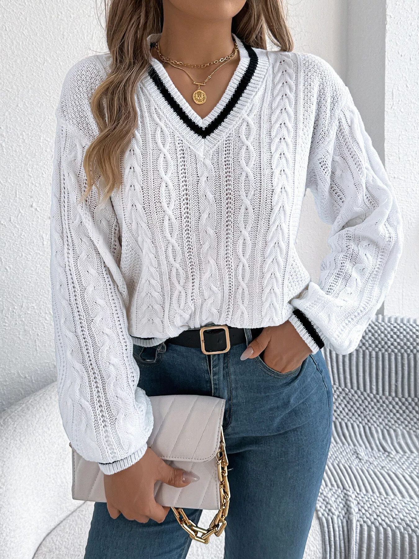 Cable Knit V-Neck Long Sleeve Sweater - Image 15