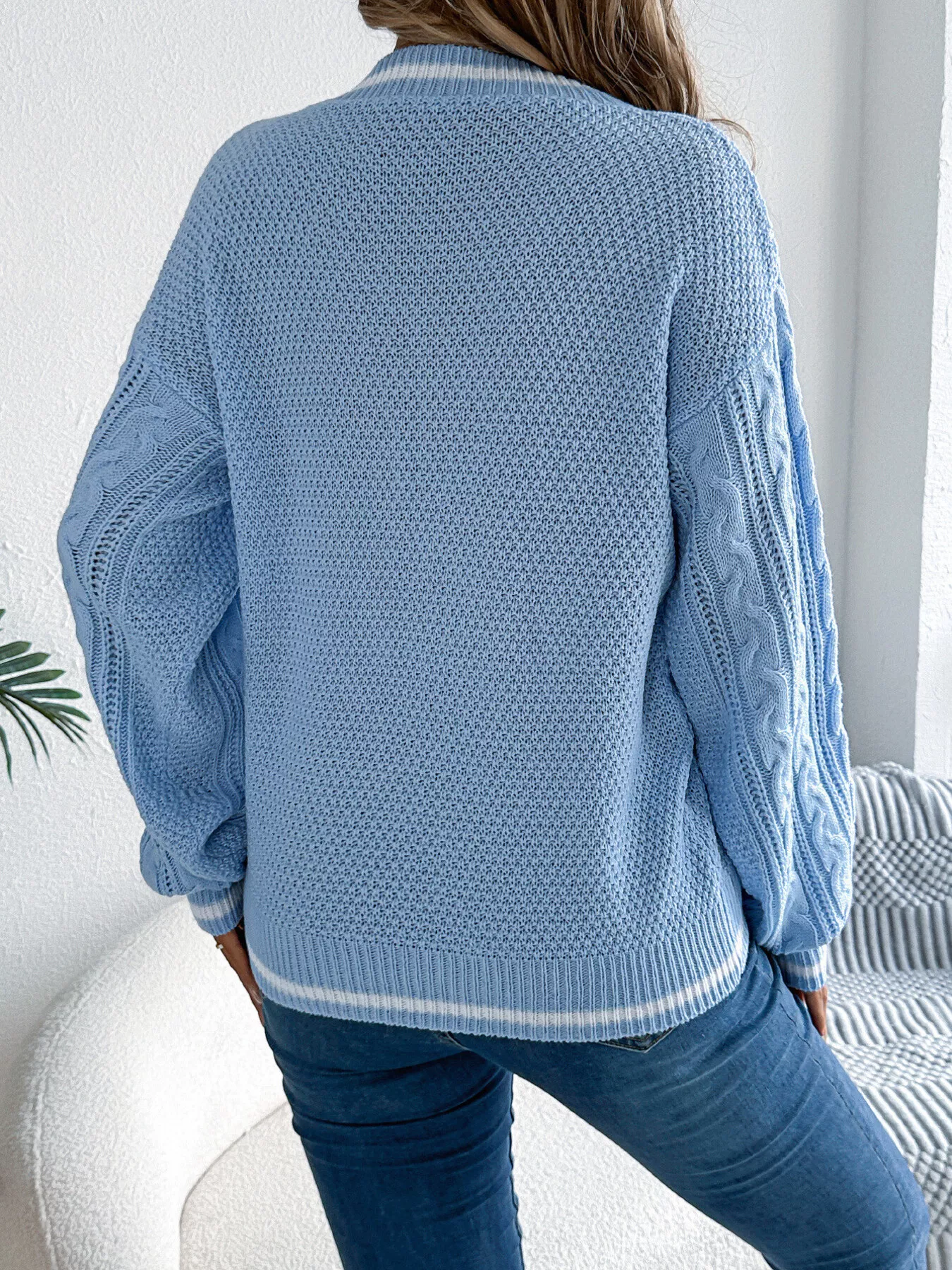 Cable Knit V-Neck Long Sleeve Sweater - Image 2