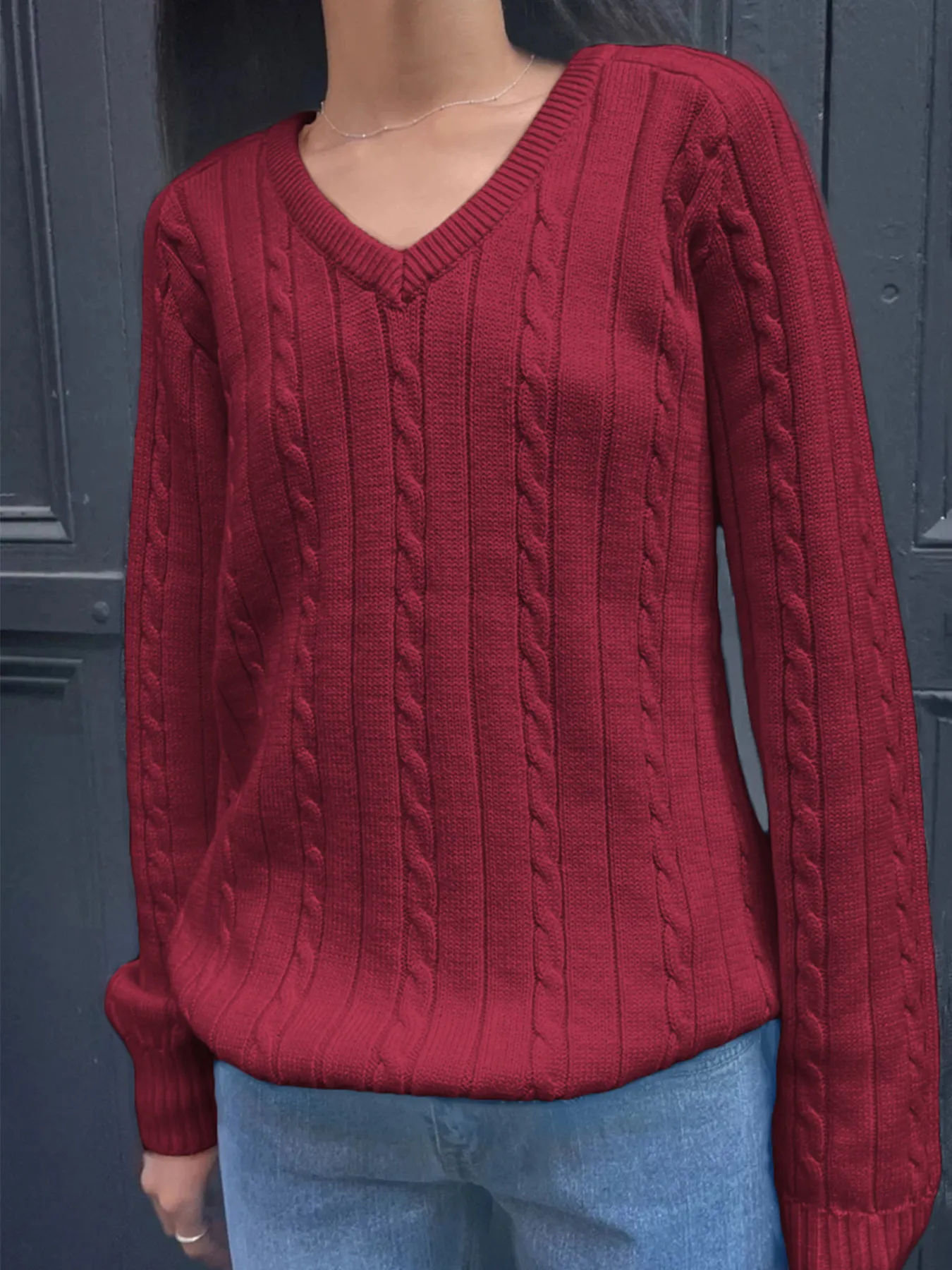 Cable Knit V-Neck Pullover Sweater - Image 11
