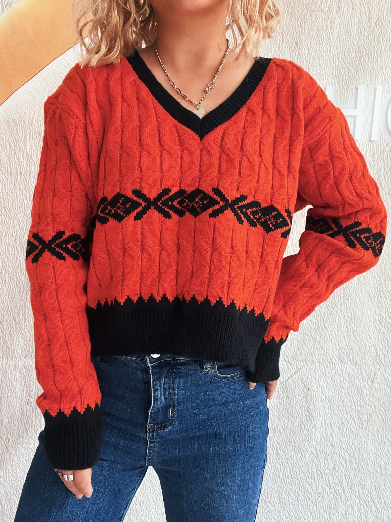 Cable Knit V-Neck Sweater - Image 2