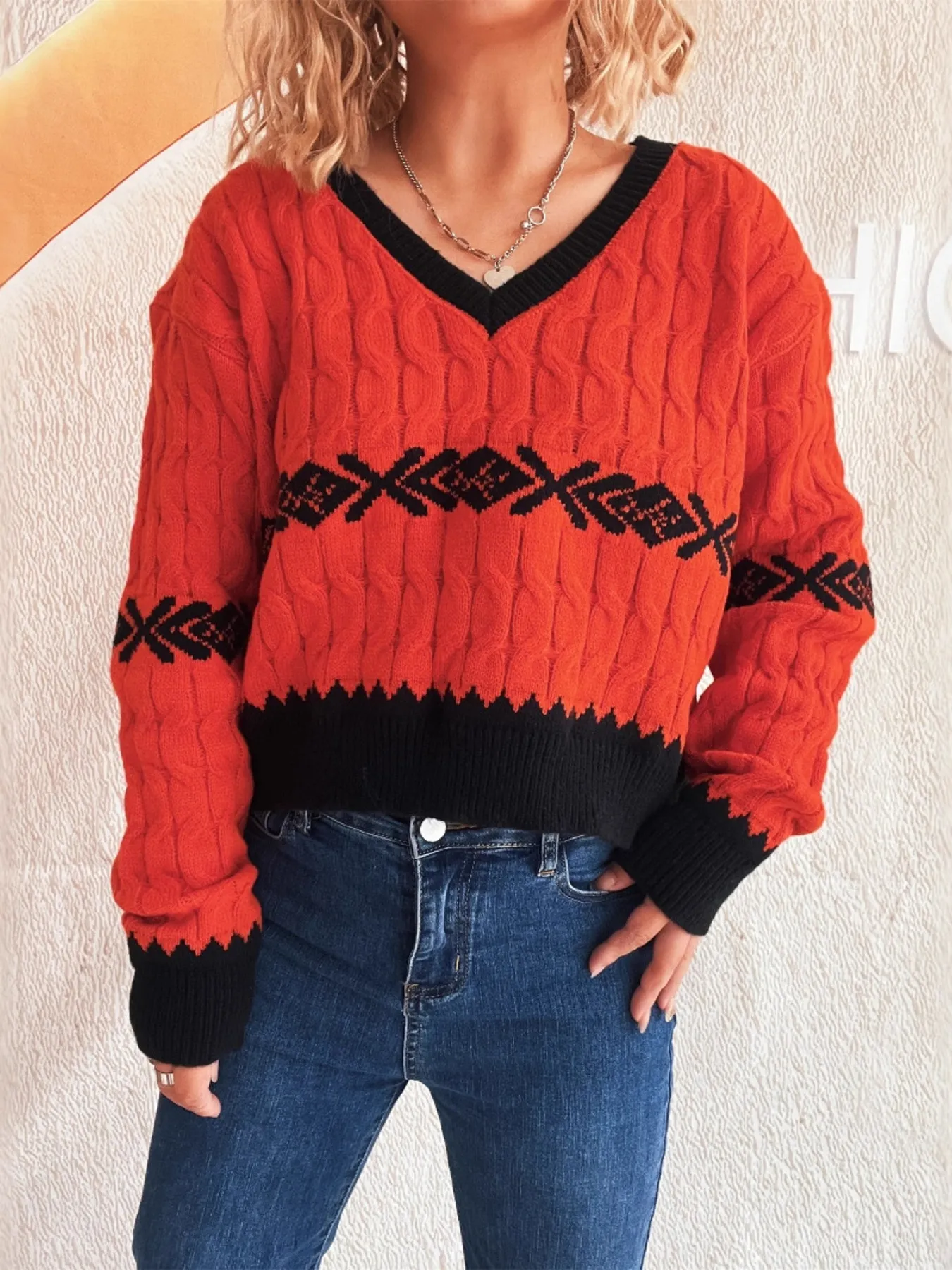 Cable Knit V-Neck Sweater - Image 4