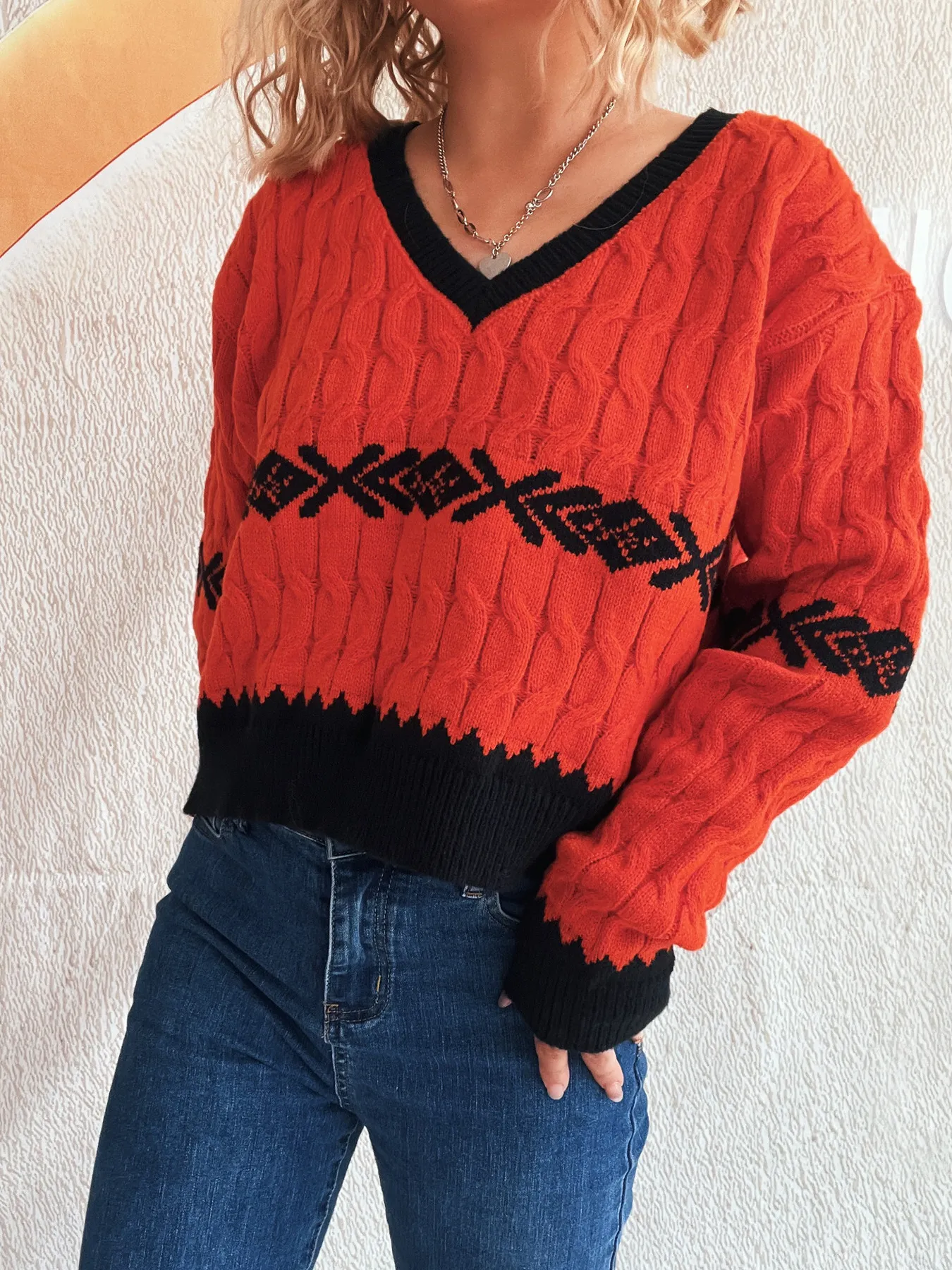 Cable Knit V-Neck Sweater - Image 5
