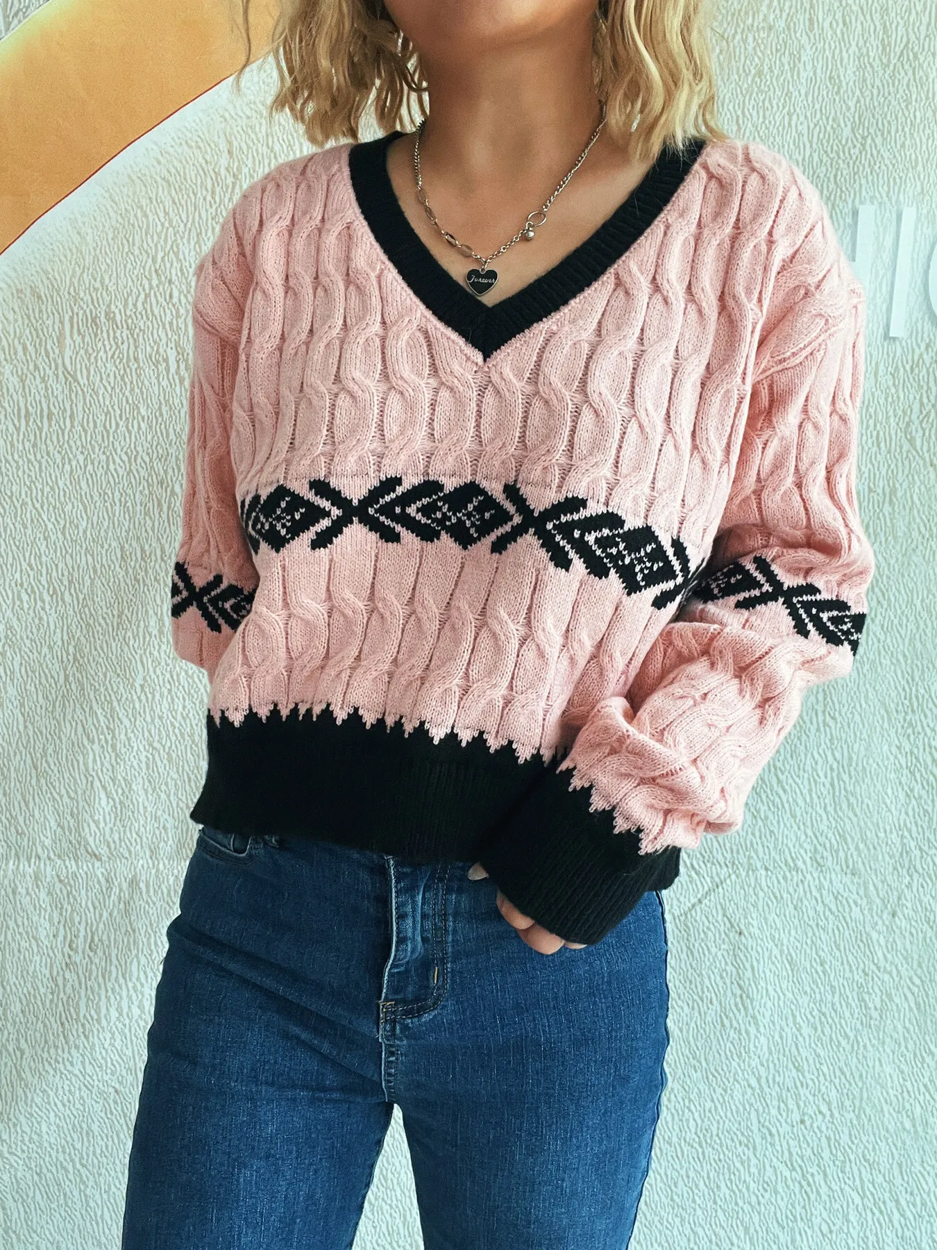 Cable Knit V-Neck Sweater - Image 9