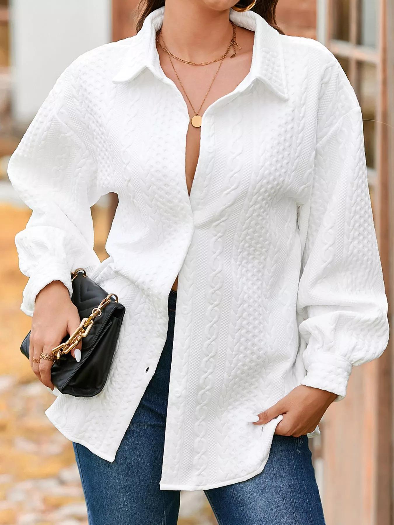 Cable Texture Puff Sleeve Loose Shacket - Image 17