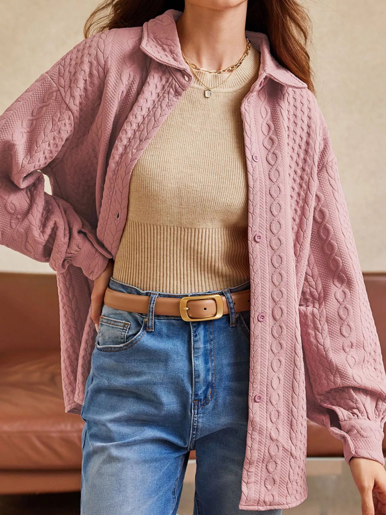 Cable Texture Puff Sleeve Loose Shacket - Image 24