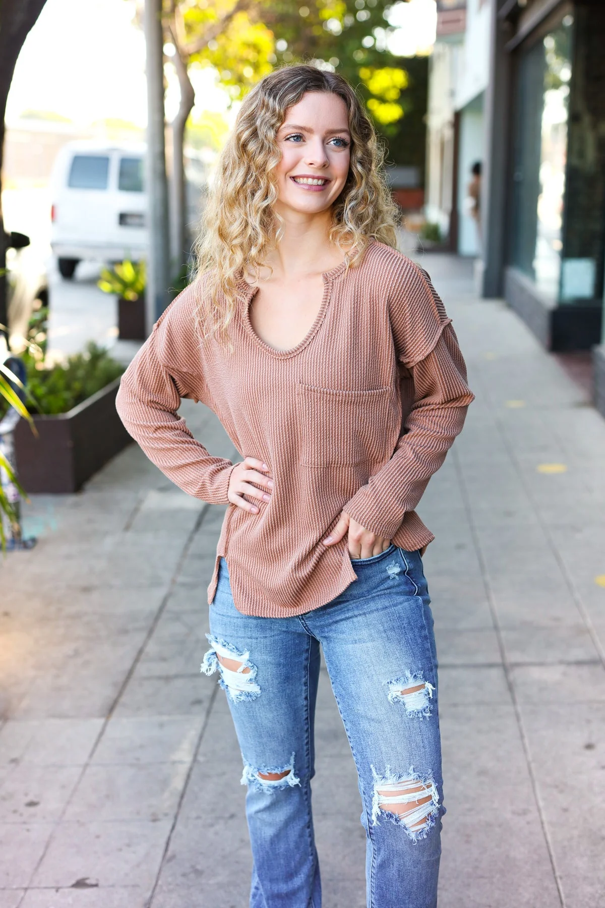 Eyes On You Camel Mineral Wash Rib Notch Neck Pocketed Top - Image 4