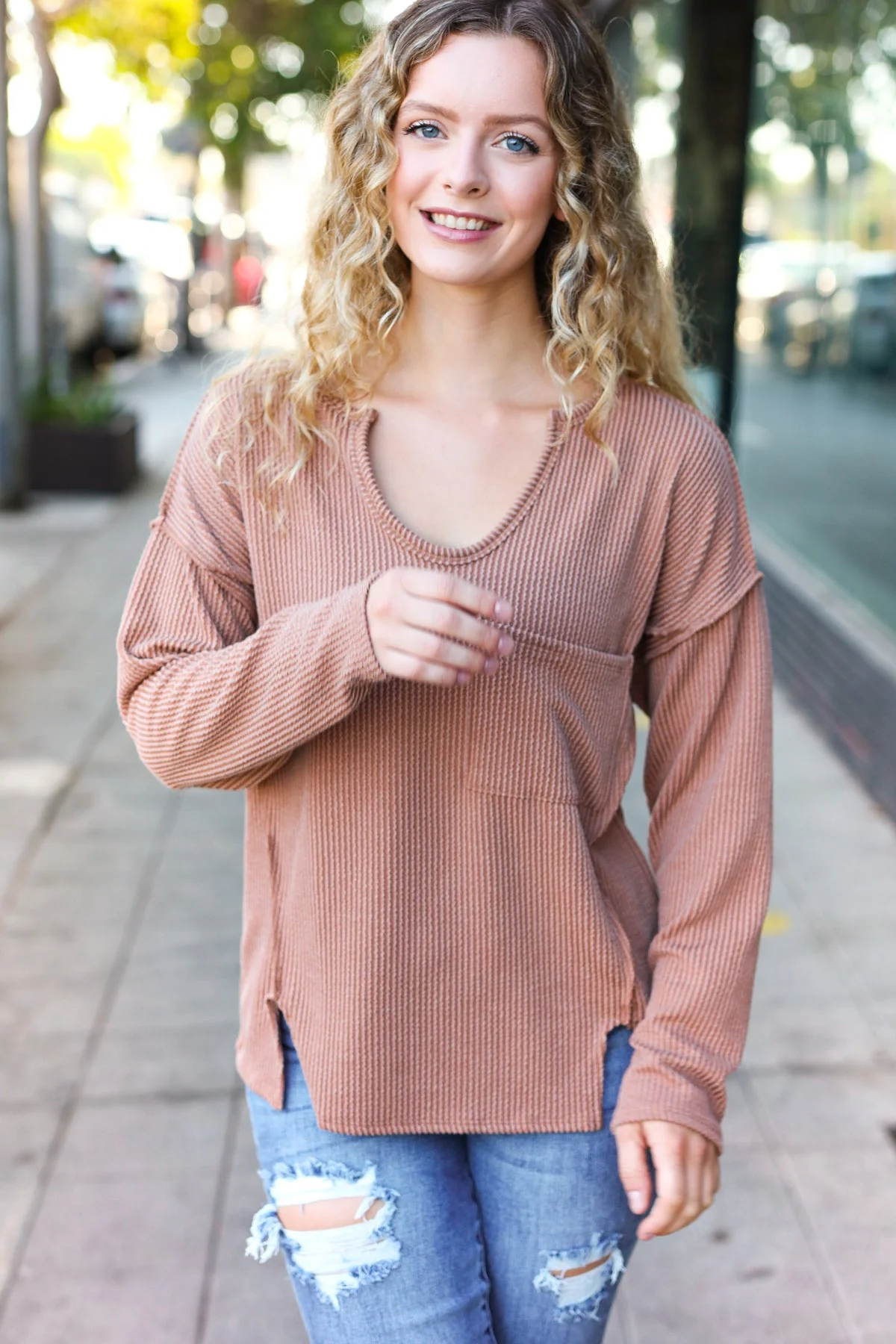 Eyes On You Camel Mineral Wash Rib Notch Neck Pocketed Top - Image 5