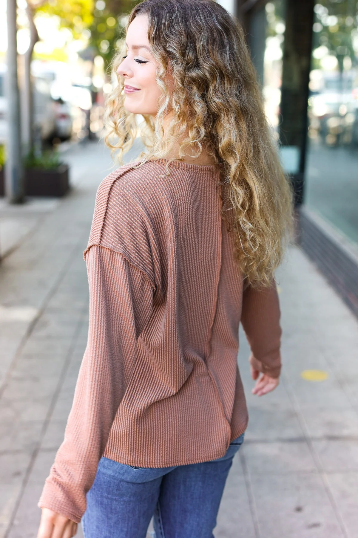 Eyes On You Camel Mineral Wash Rib Notch Neck Pocketed Top - Image 9
