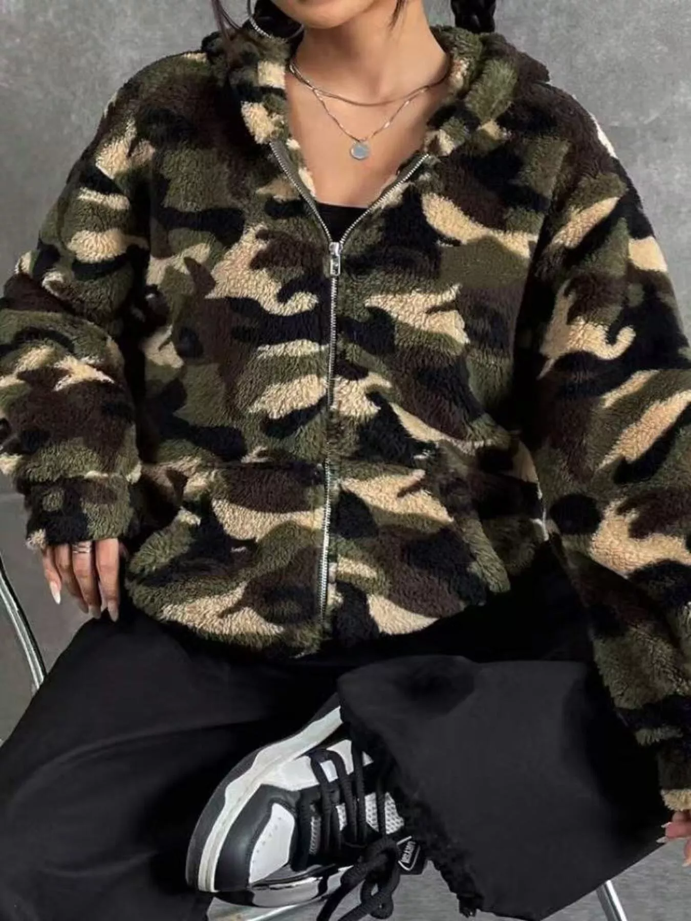 Camo Print Fuzzy Zip Up Outerwear - Image 5