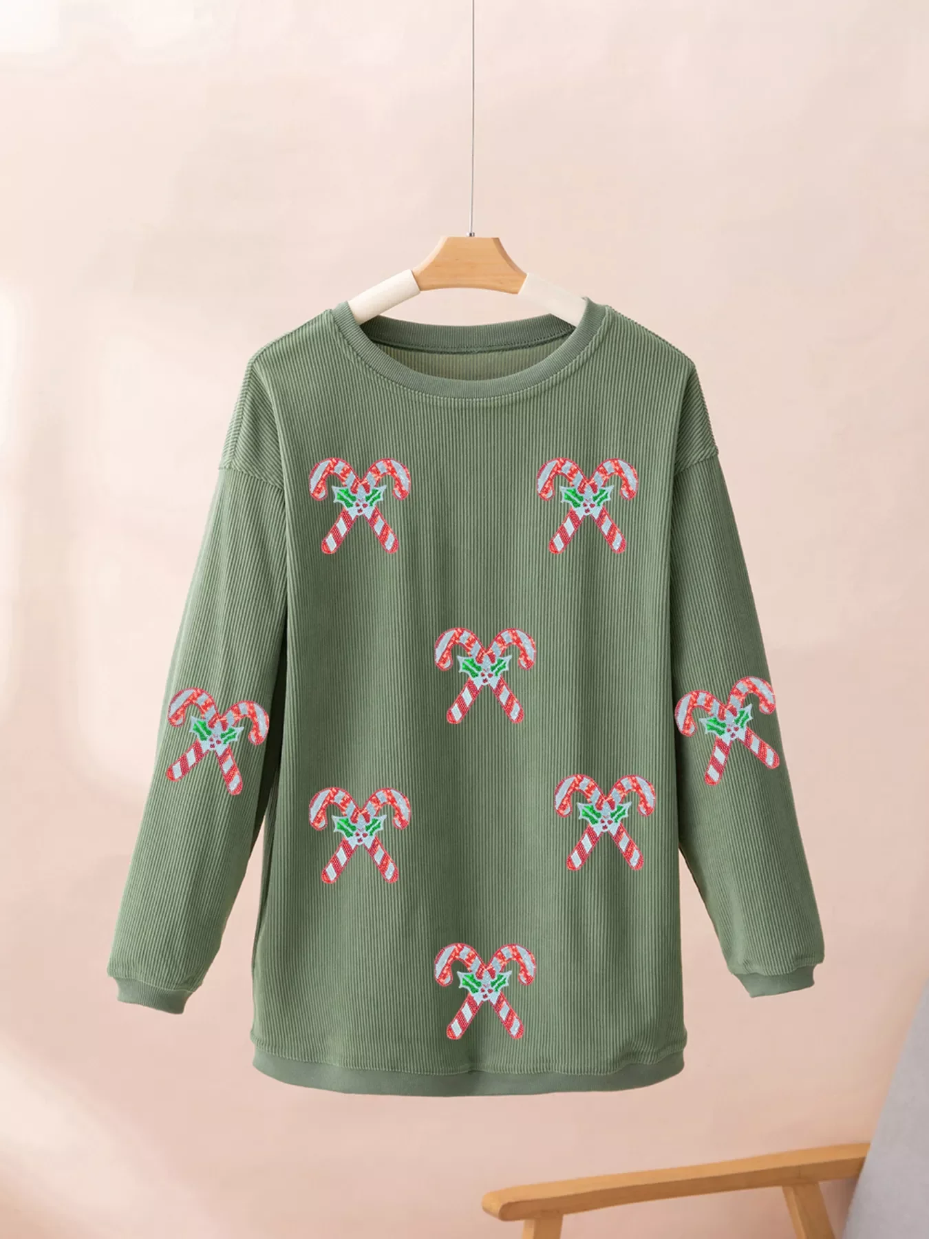 Candy Cane Shimmer Patched Corded Baggy Sweatshirt - Image 5