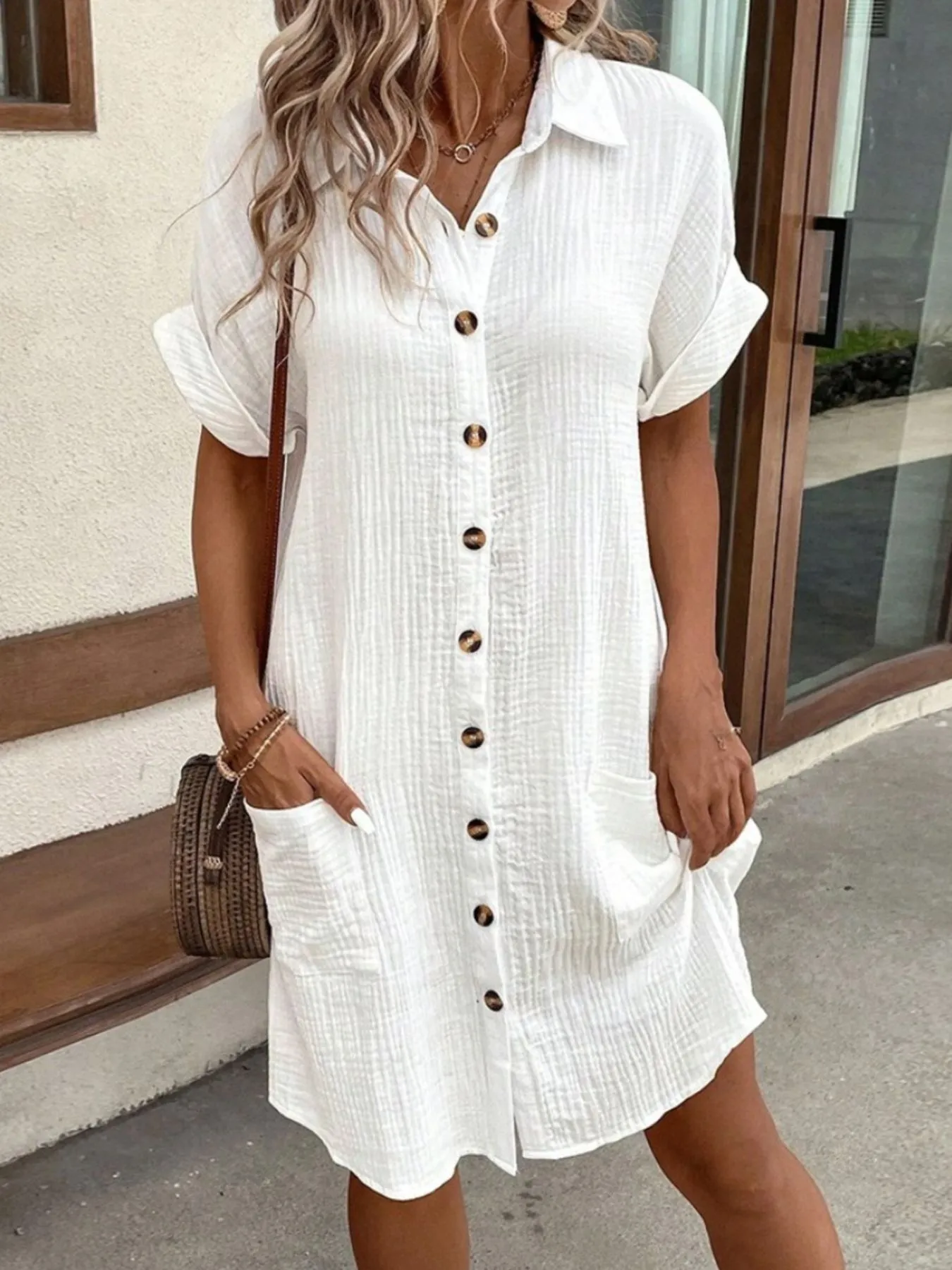 Casual Button Down Cotton Shirt Dress with Pockets - Image 2