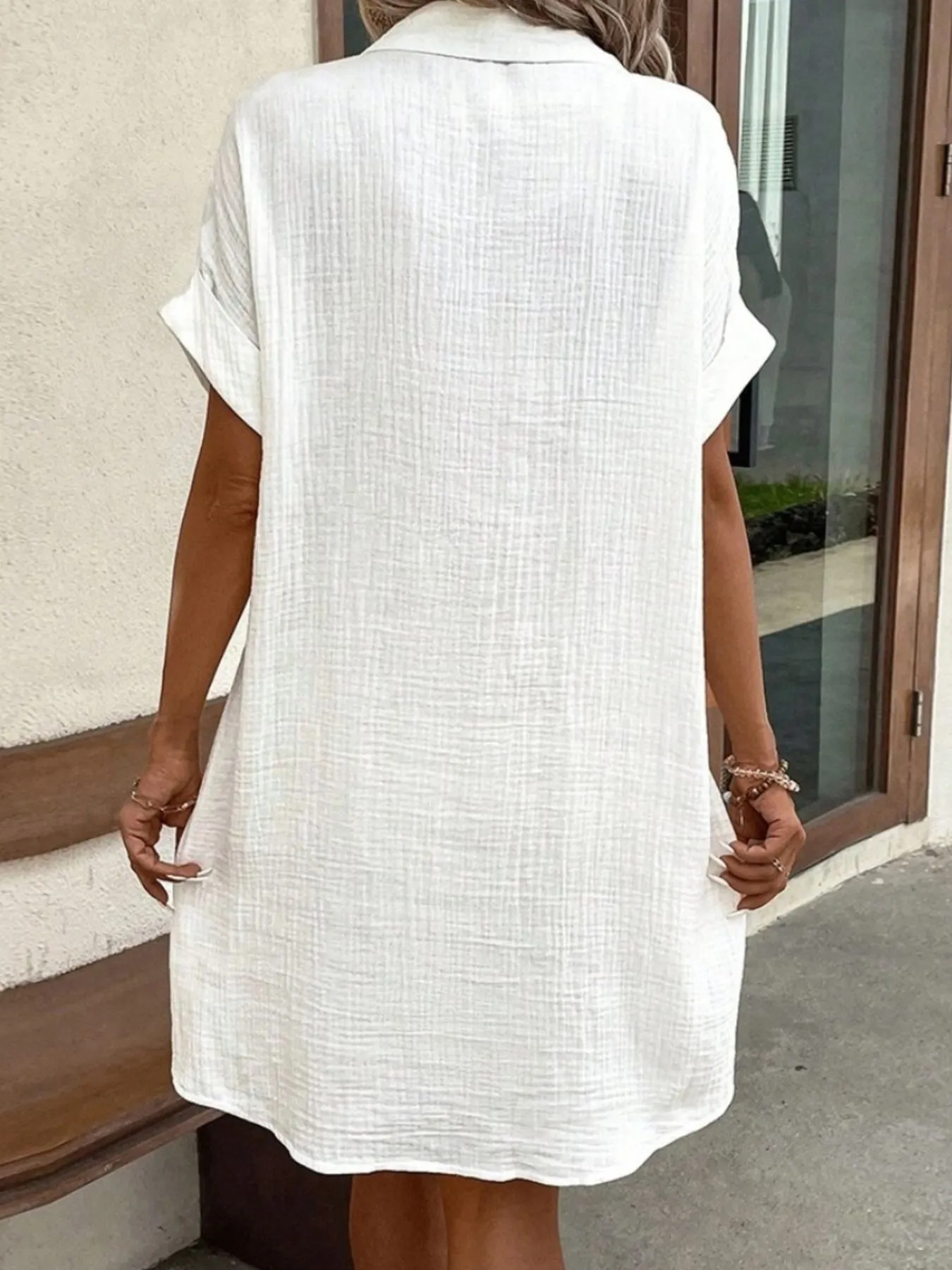 Casual Button Down Cotton Shirt Dress with Pockets - Image 4