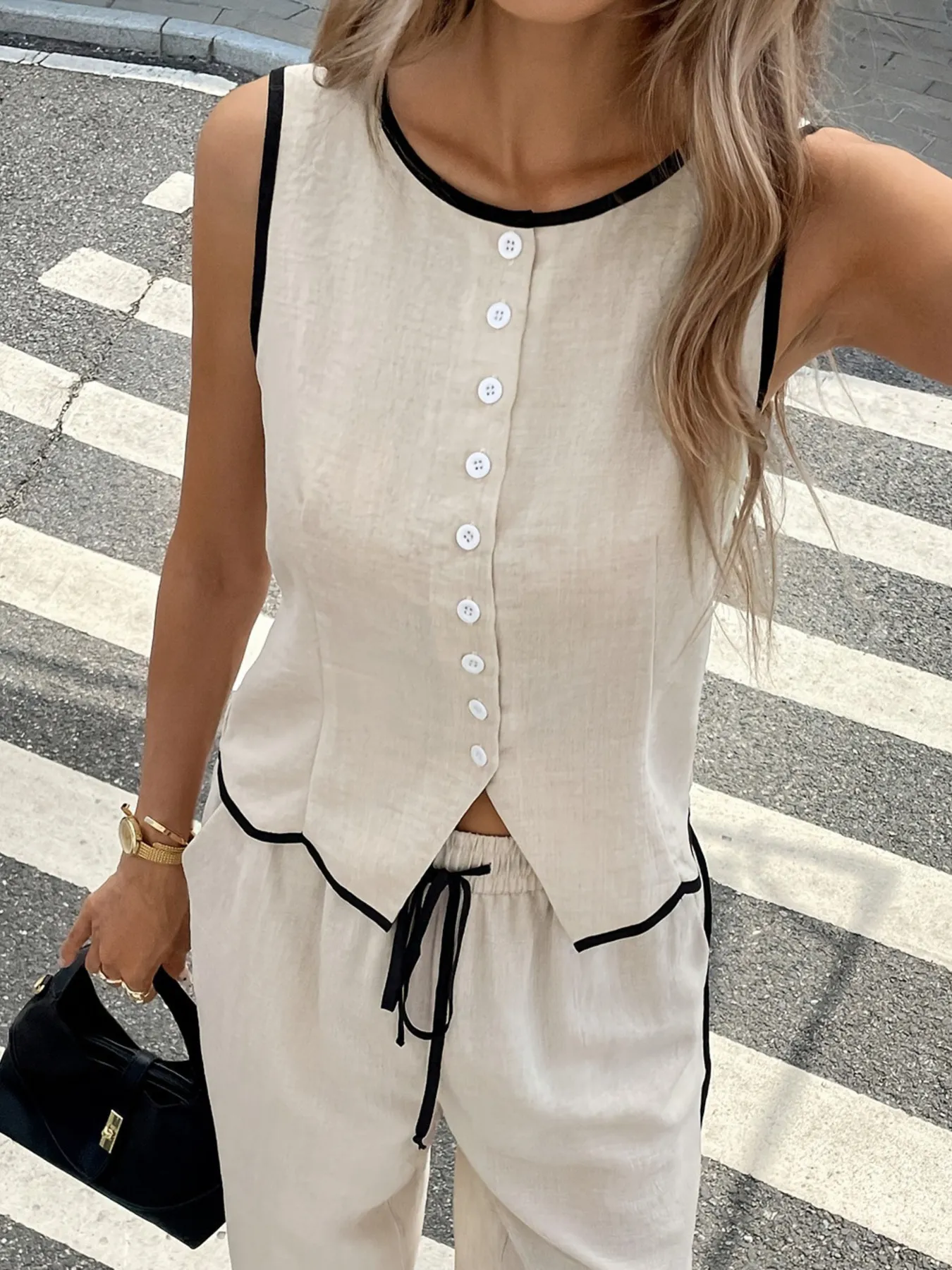Casual Button-Up Tank and Wide-Leg Pants Set - Image 6