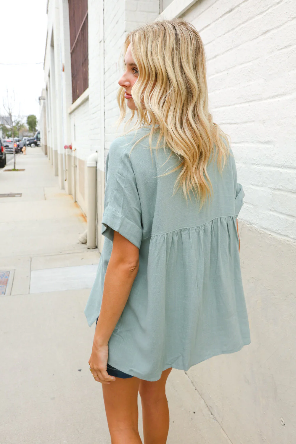 Casual Chic Sage Linen Notch Neck Dolman Short Sleeve Top - Image 2