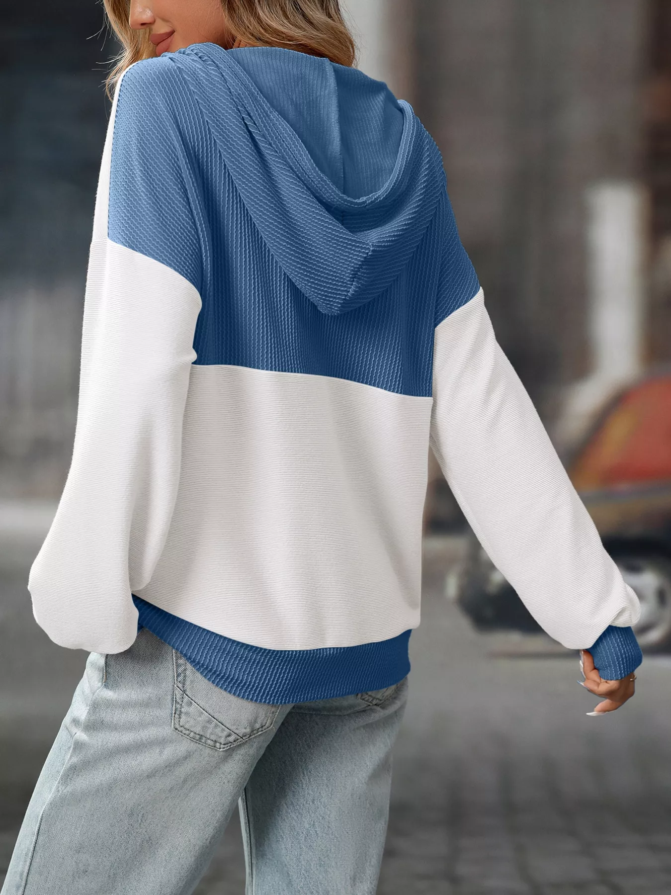 Casual Color Block Button Detail Hoodie - Image 19