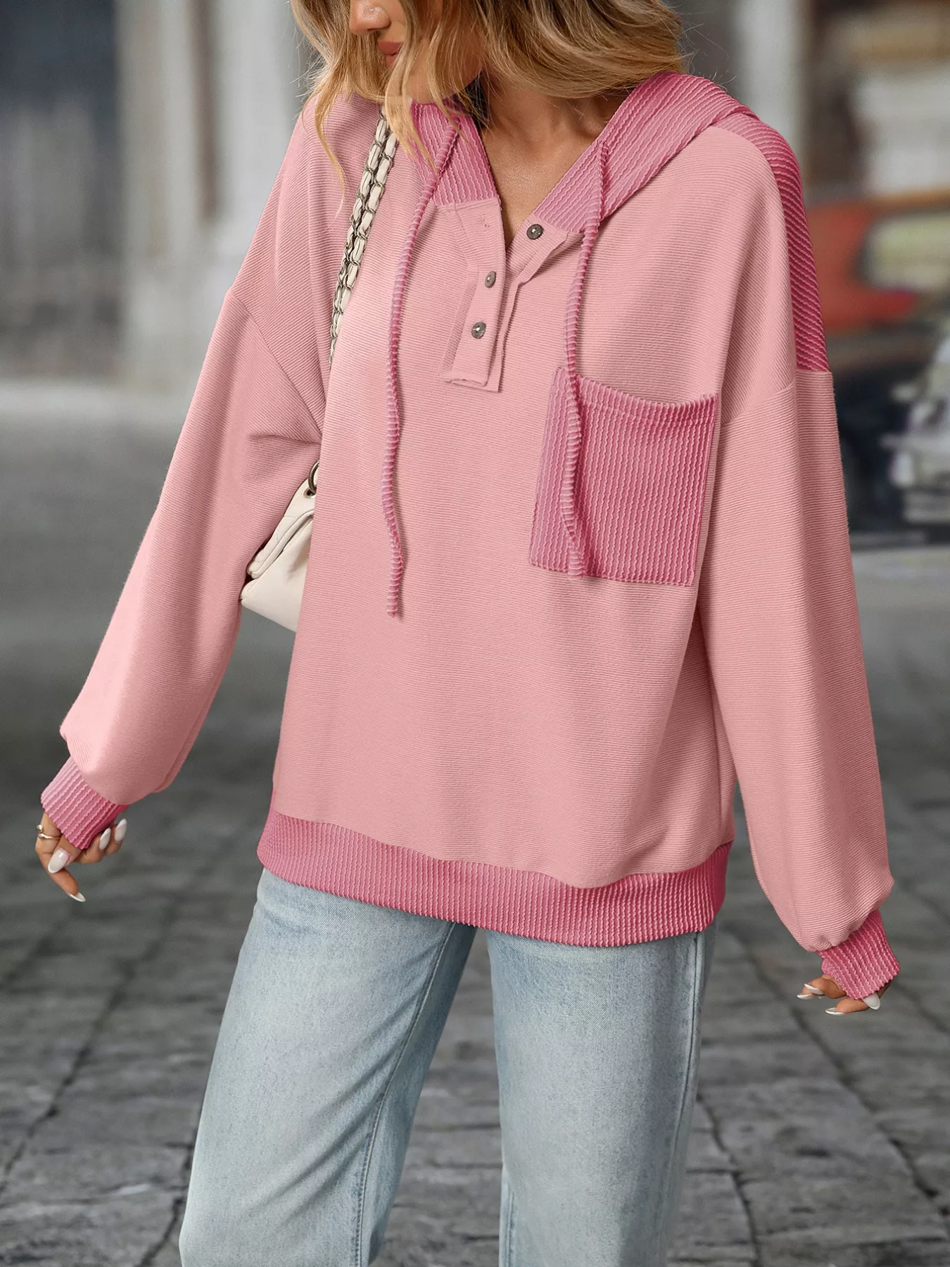 Casual Color Block Button Detail Hoodie - Image 8