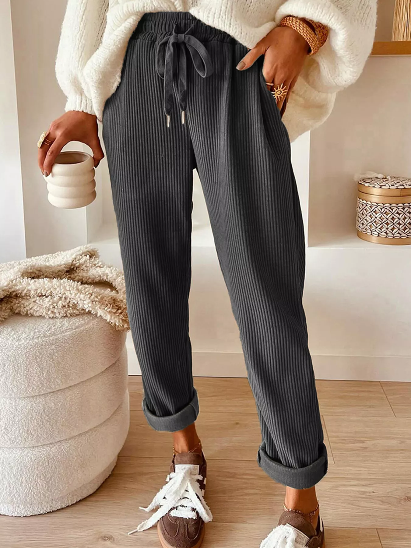 Casual Corduroy Drawstring Waist Pants - Image 10