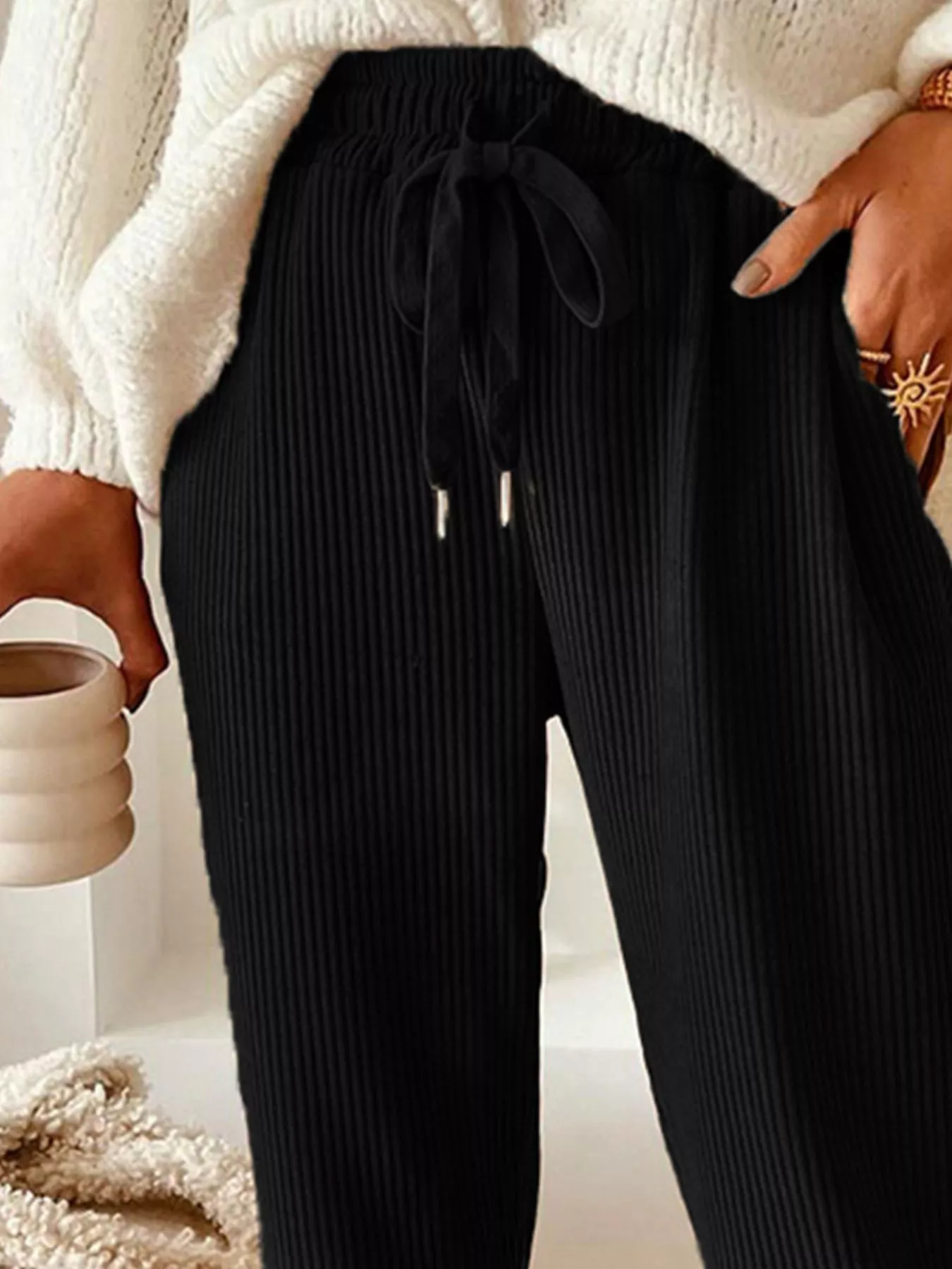 Casual Corduroy Drawstring Waist Pants - Image 8