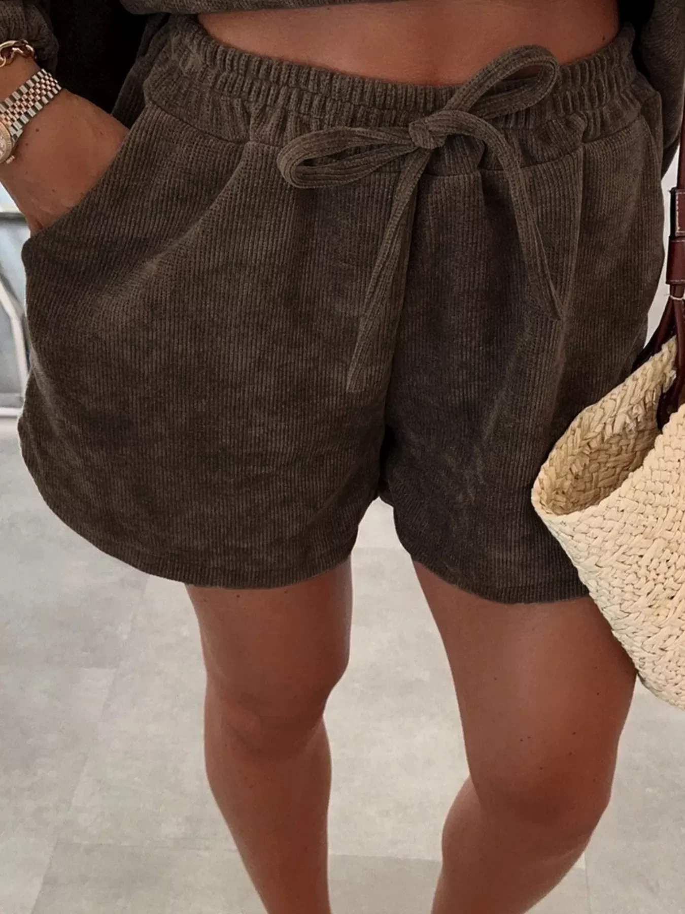 Casual Corduroy Long Sleeve Top and Drawstring Shorts Set - Image 2