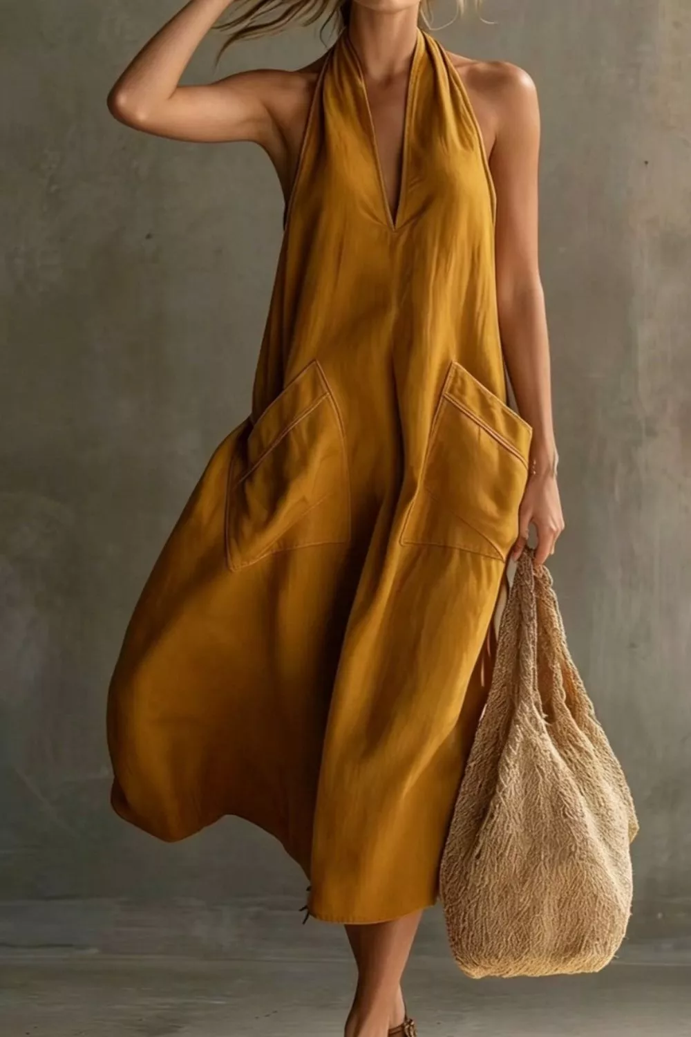 Casual Halter Neck Pocket Midi Dress - Image 10