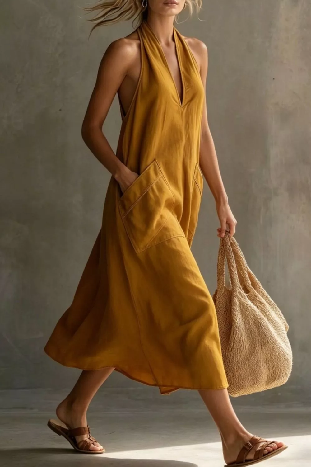 Casual Halter Neck Pocket Midi Dress - Image 11