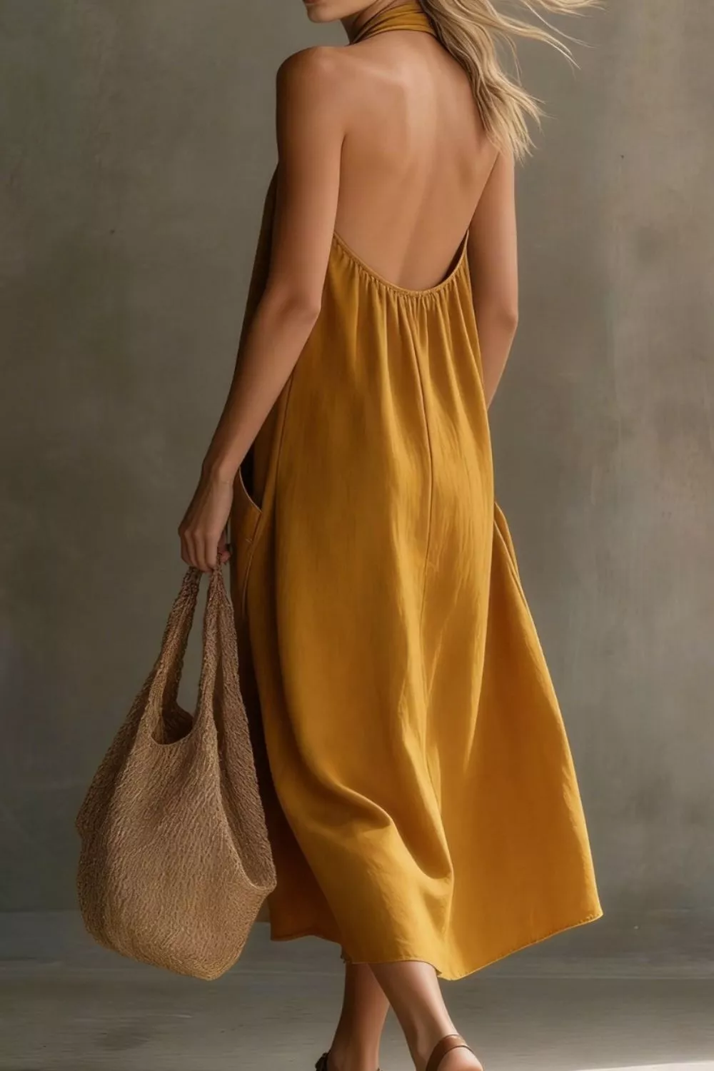 Casual Halter Neck Pocket Midi Dress - Image 12