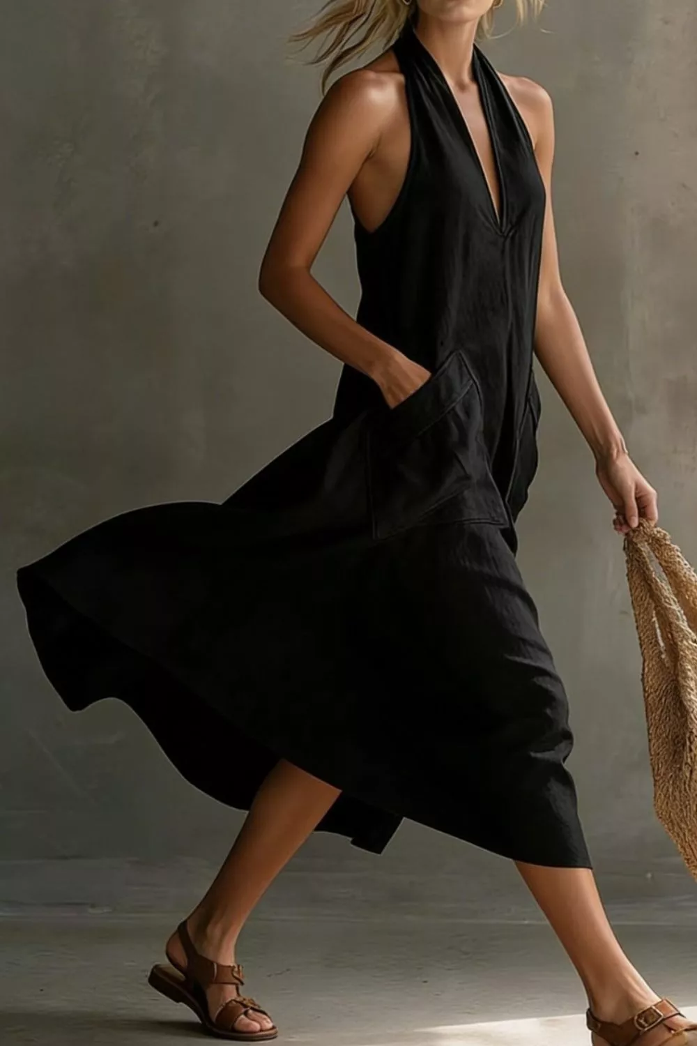 Casual Halter Neck Pocket Midi Dress - Image 13