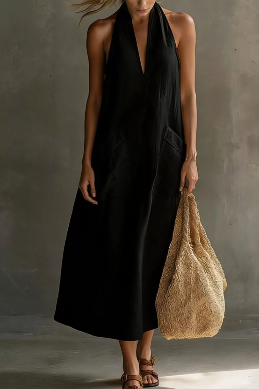 Casual Halter Neck Pocket Midi Dress - Image 14