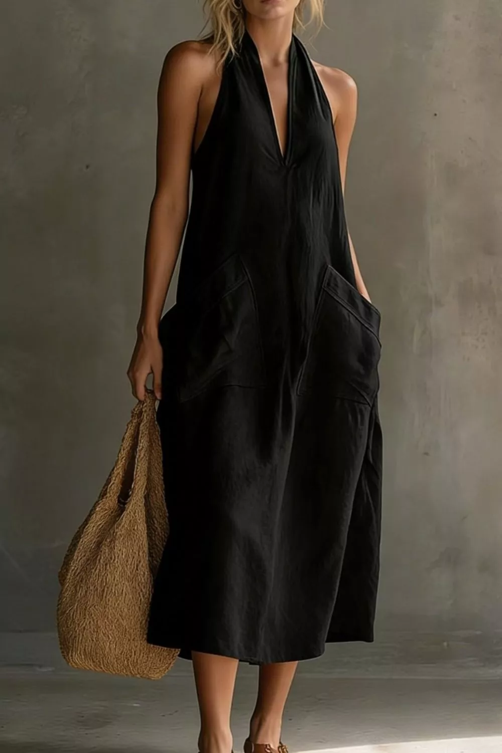 Casual Halter Neck Pocket Midi Dress - Image 16