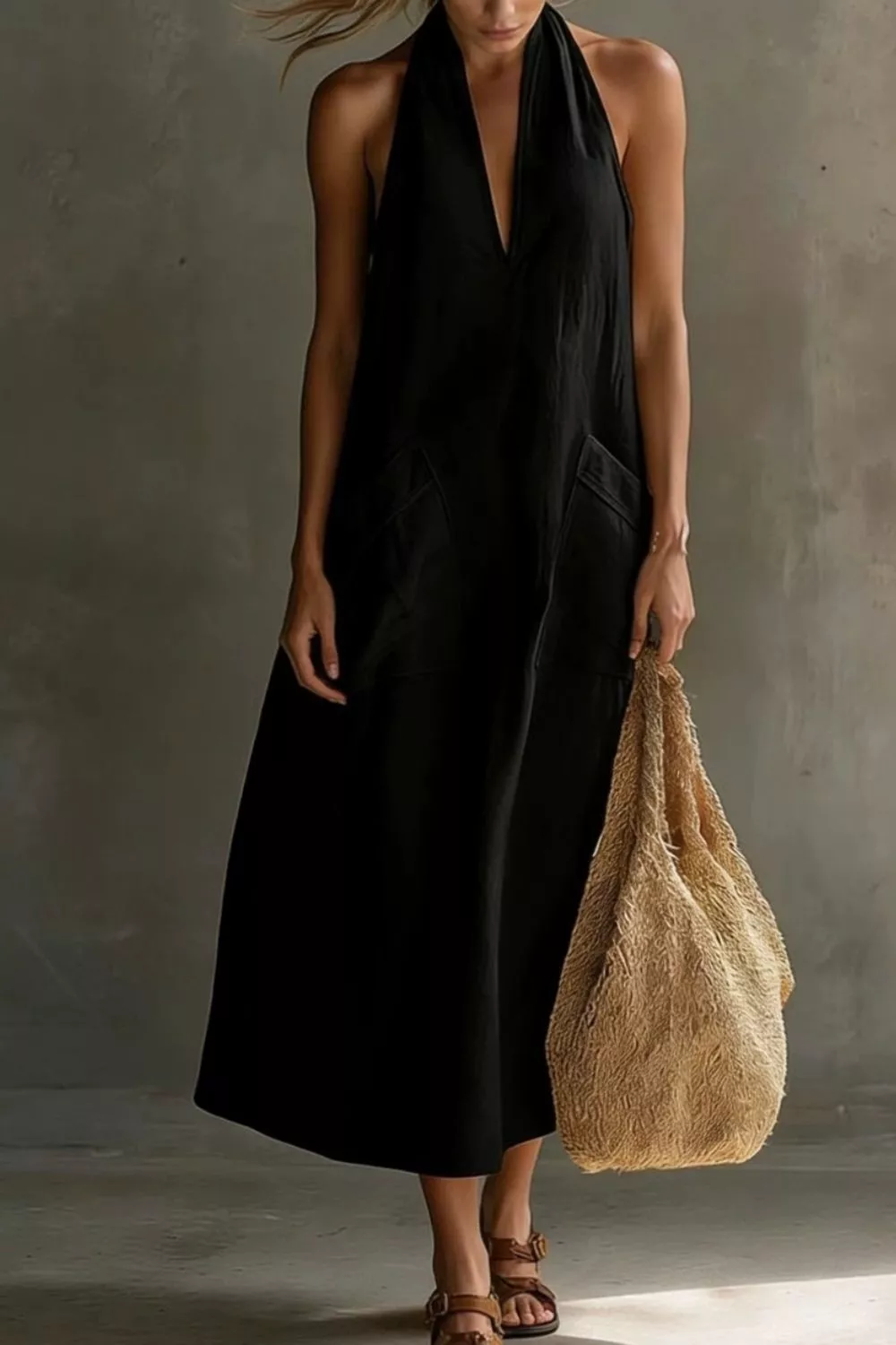 Casual Halter Neck Pocket Midi Dress - Image 17