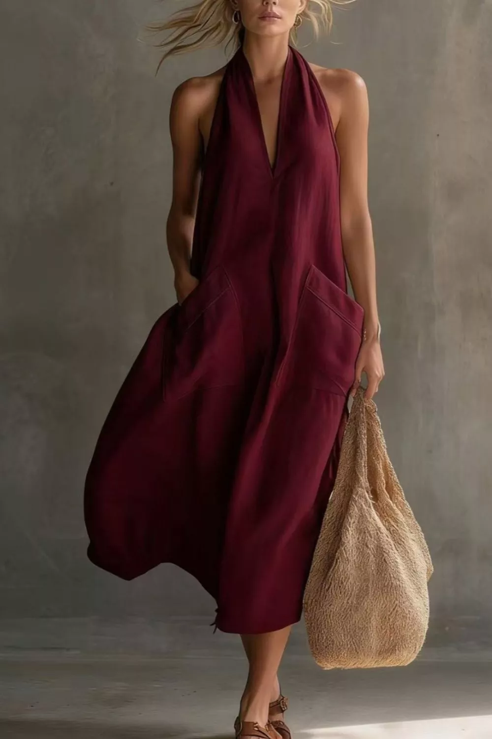 Casual Halter Neck Pocket Midi Dress - Image 18