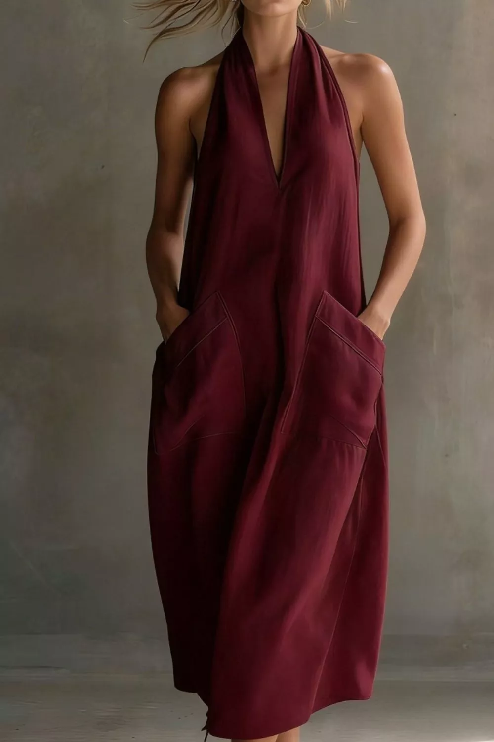 Casual Halter Neck Pocket Midi Dress - Image 19