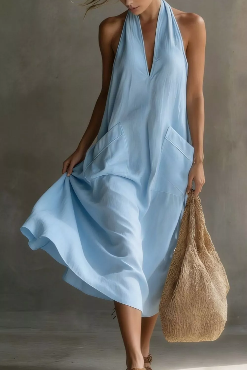 Casual Halter Neck Pocket Midi Dress - Image 2