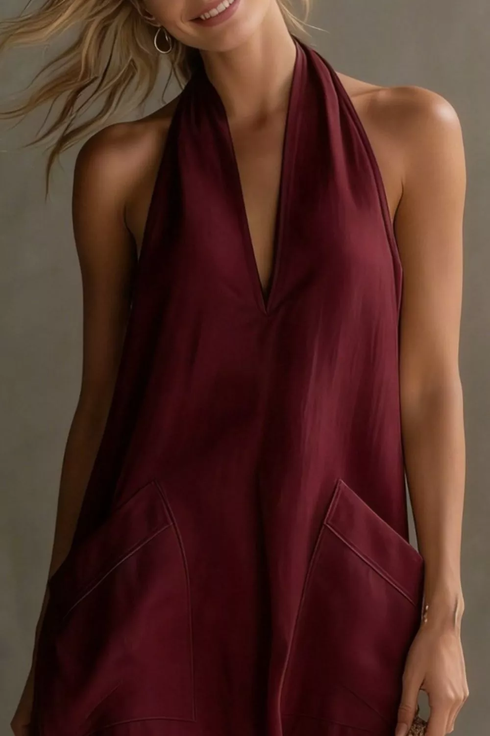 Casual Halter Neck Pocket Midi Dress - Image 20