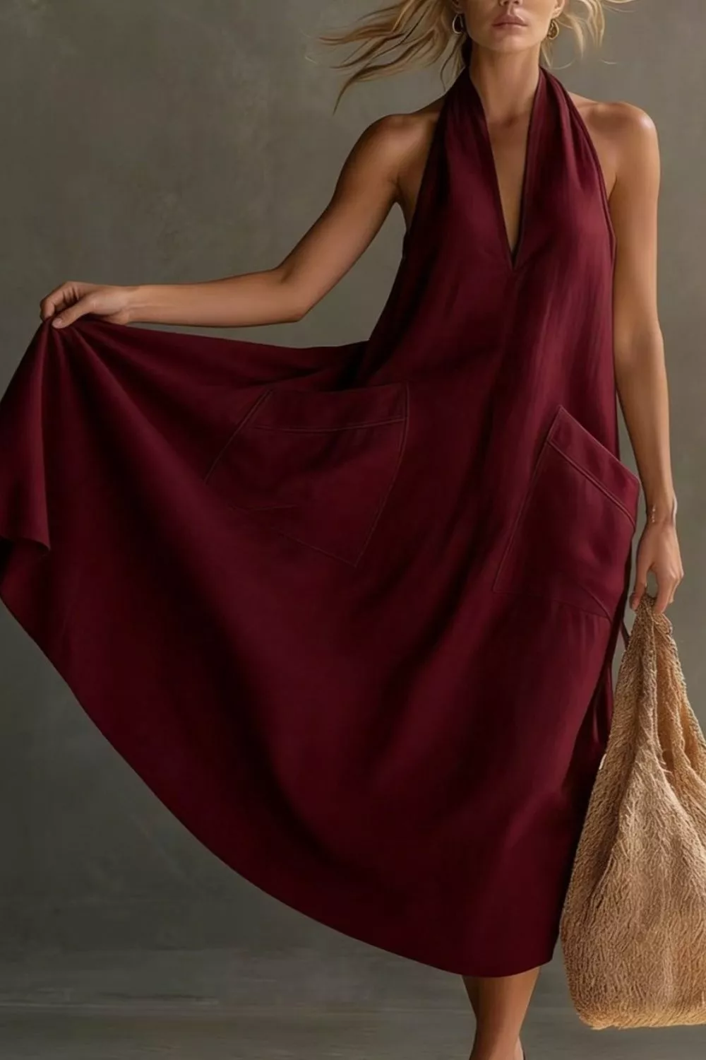 Casual Halter Neck Pocket Midi Dress - Image 21