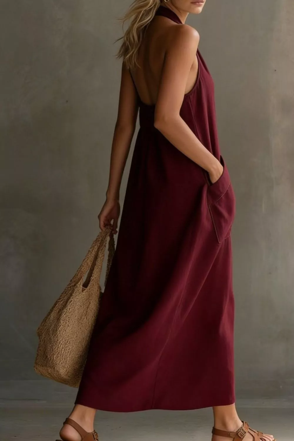 Casual Halter Neck Pocket Midi Dress - Image 23