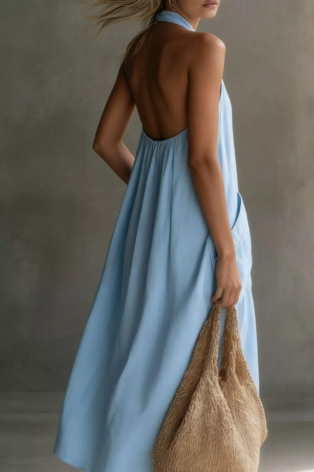 Casual Halter Neck Pocket Midi Dress - Image 3