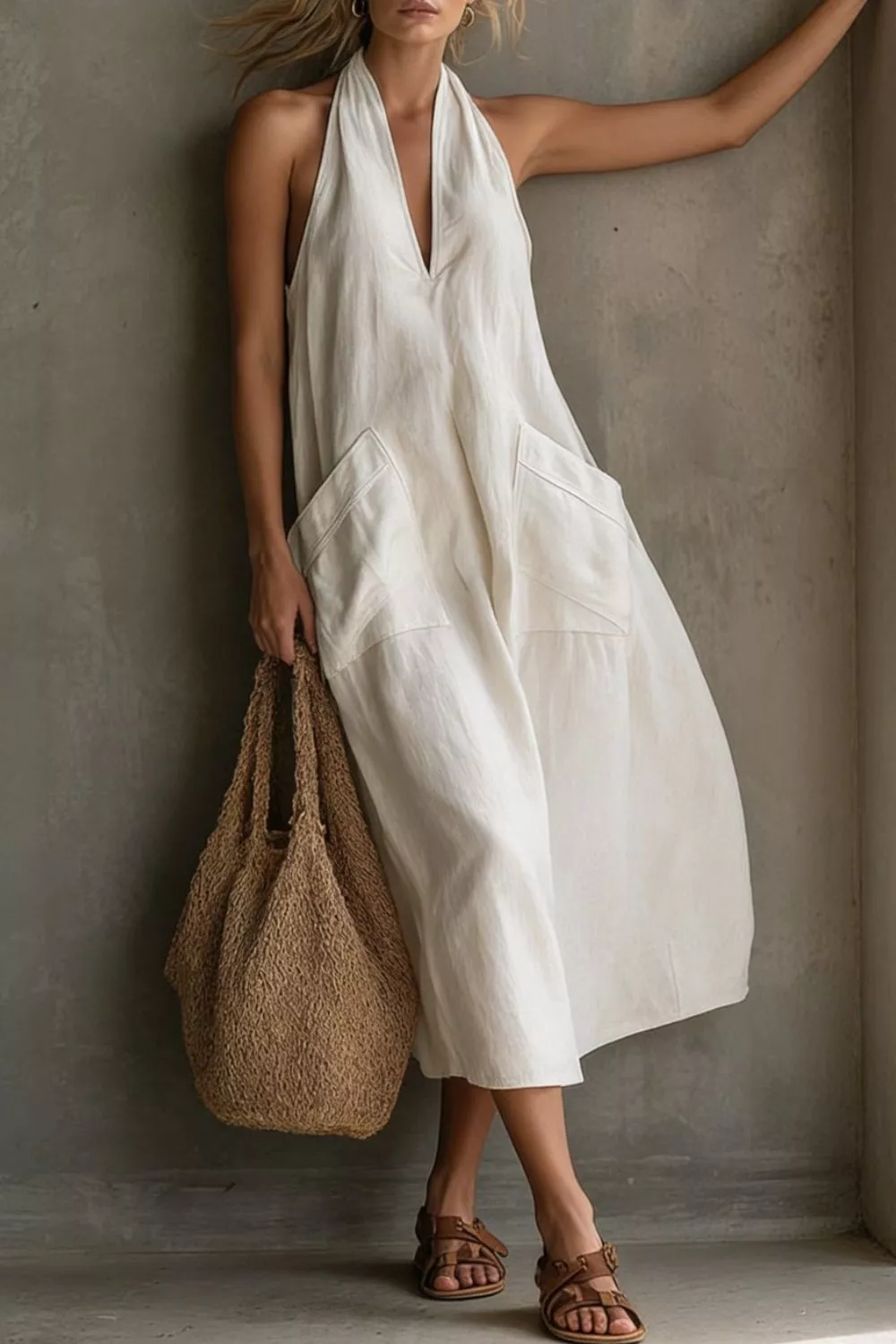 Casual Halter Neck Pocket Midi Dress - Image 5