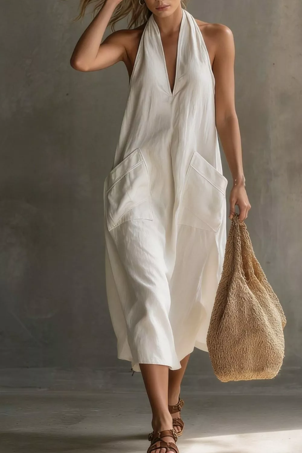 Casual Halter Neck Pocket Midi Dress - Image 6