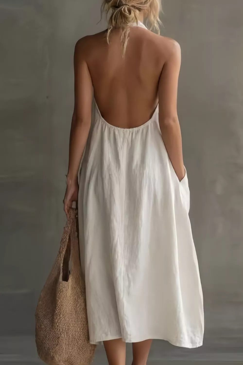Casual Halter Neck Pocket Midi Dress - Image 7