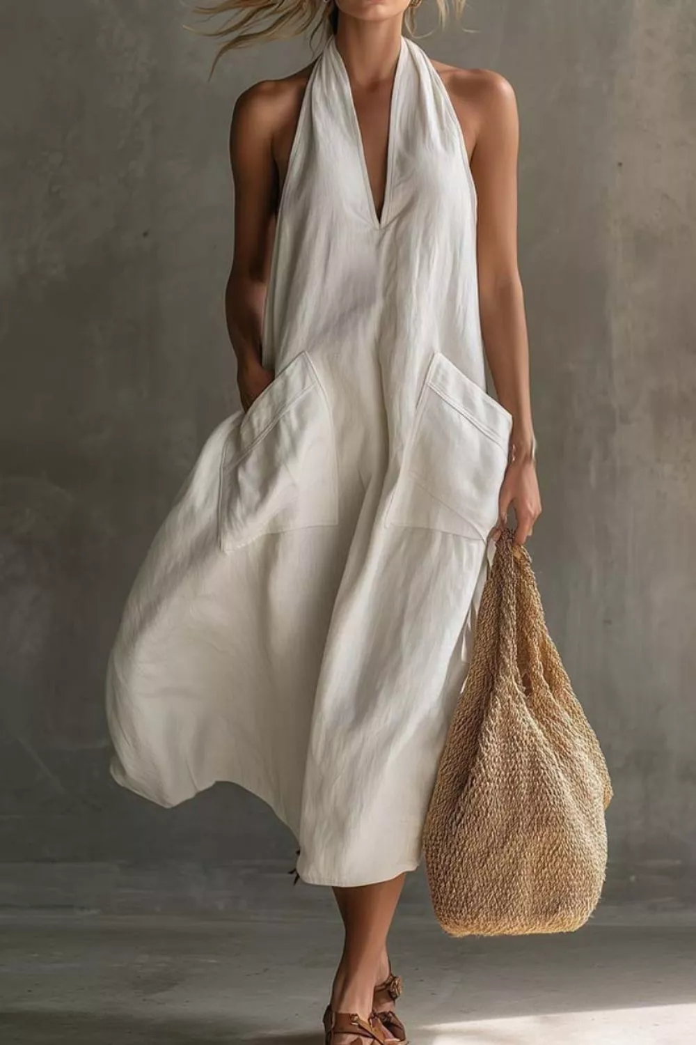 Casual Halter Neck Pocket Midi Dress - Image 8