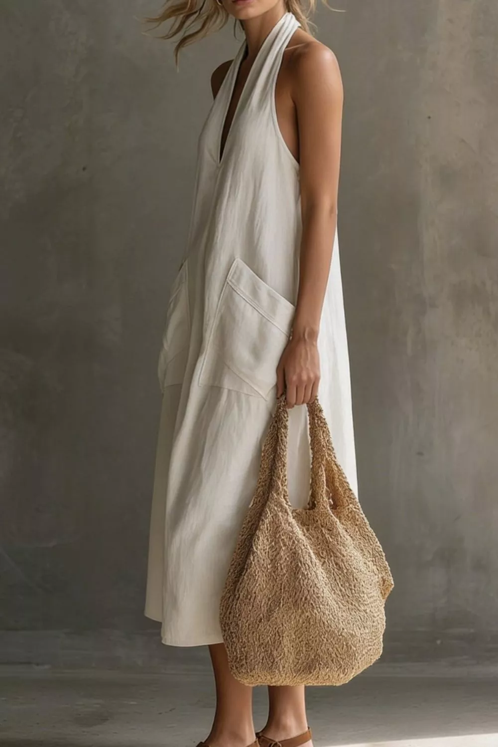 Casual Halter Neck Pocket Midi Dress - Image 9