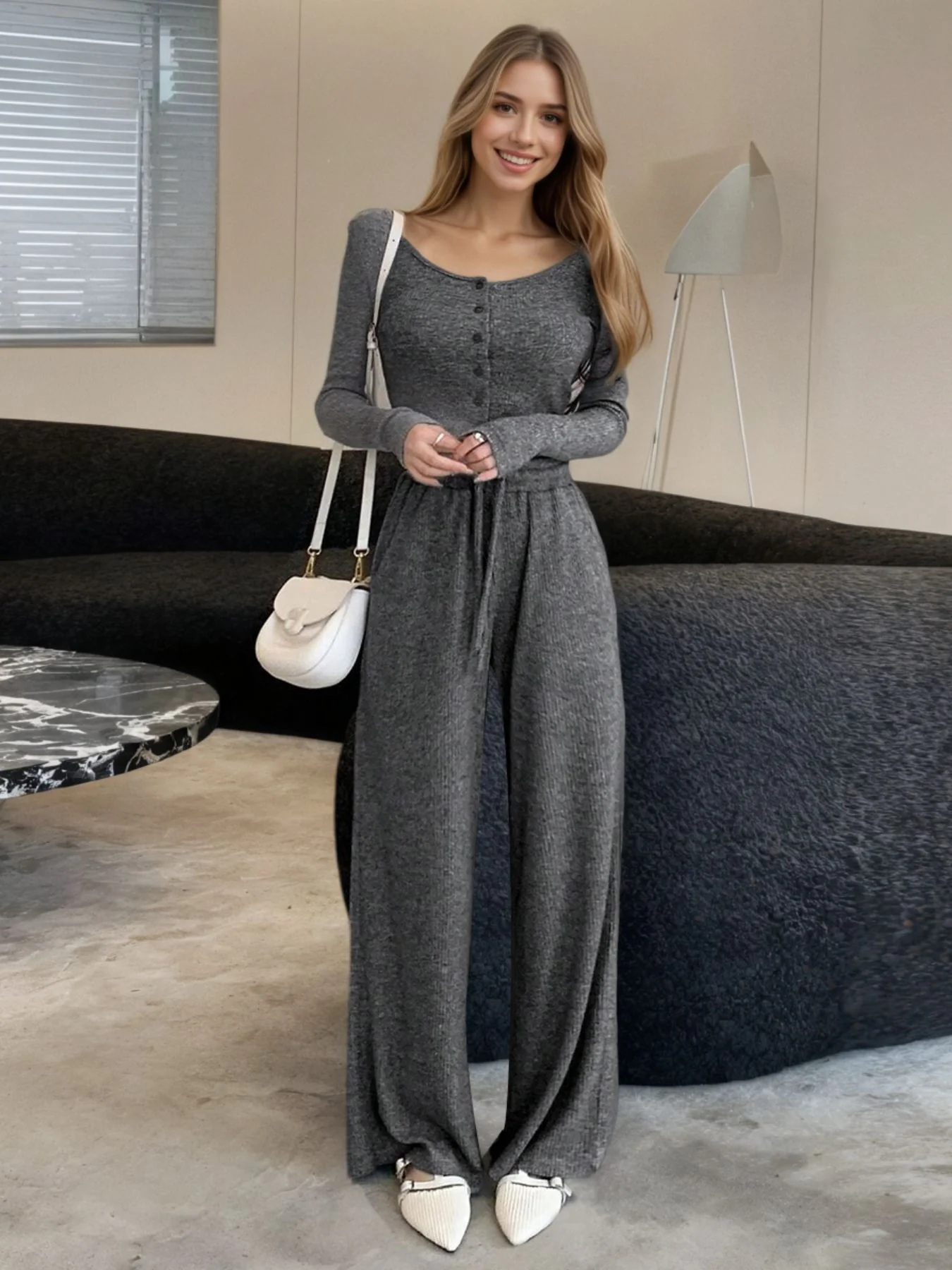Casual Knit Long Sleeve Top and Wide Leg Pants Set - Image 4