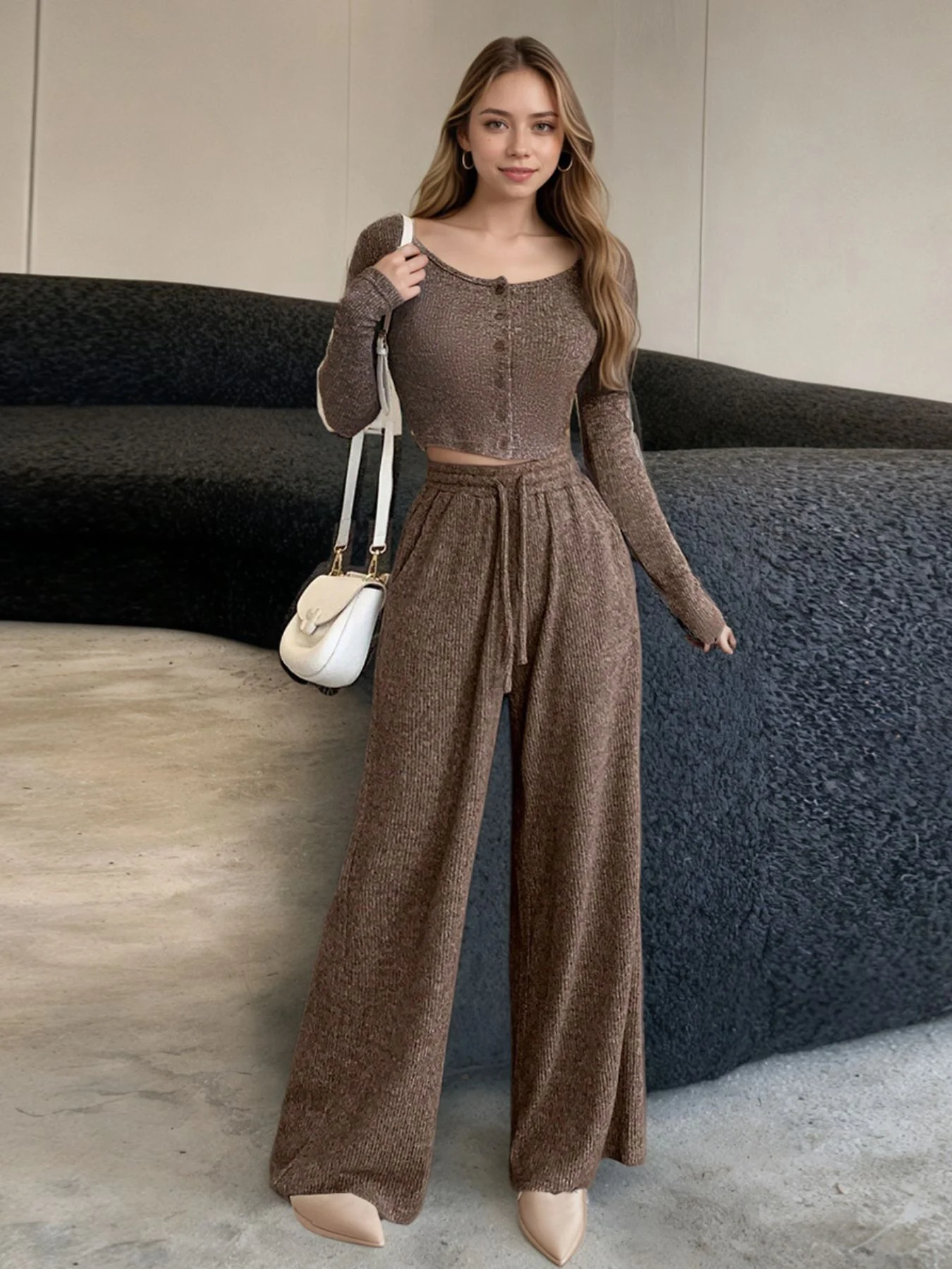 Casual Knit Long Sleeve Top and Wide Leg Pants Set - Image 5